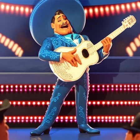 Score_7_up, score_8_up, full body, solo male, Ernesto, brown skin, mustache, wide brim hat, neckerchief, fancy suit, blue suit, playing instrument, guitar, playing guitar, singing, half open eyes, on stage, spotlight, crowd in foreground, blurry foreground,