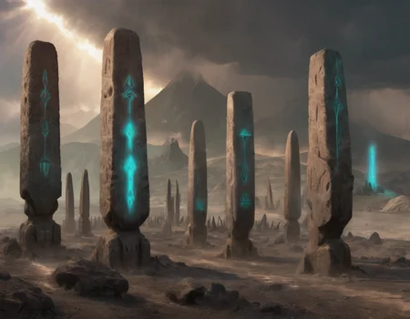 <lora:crmu:0.6>crmu, phallus stone monoliths  with glowing teal hieroglyphics, small red eyes in the shadows, mountain, wasteland, clouds of ash, sun shining through clouds, light rays