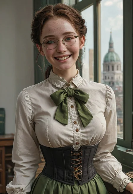 epiCRealism, Closeup, ((Fixhand)), amazing quality, masterpiece, best quality, hyper detailed, ultra detailed, UHD, perfect anatomy, portrait, dof, hyper-realism, majestic, awesome, a busty freckled girl with extremely swooping breasts that strains her blouse and underbust corset, ((covered nipples)), smile, blush, wavy black hair tied up in a bun, curious light grey eyes,she has an hourglass figure with narrow waist and large swooping breasts, she is an accountant in a Victorian Bank working on vintage ledger besides a window that shows St Paul cathedral, wearing big round glasses and green visors and black sleeve garters and shirt cuff black protectors, cinematic composition, soft shadows, national geographic style, white blouse unbuttoned, cleavage, sly smile, one hand on cleavage ((Fixhand)), extremely detailed background