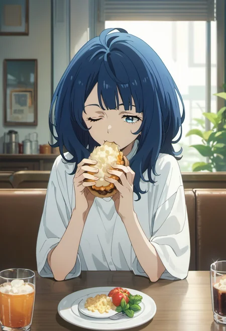 score_9, score_8_up, score_7_up, source_anime,yanami anna, blue hair, blue eyes, 1girl, solo, one eye closed, eating, food, shirt, cup, indoors, table, white shirt, drinking glass, medium hair