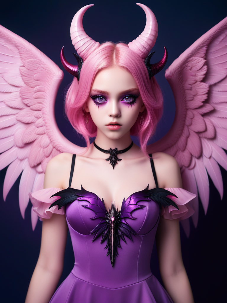 <lora:08SurealismArt_Hap_XL:1>,  frida kahlo style,   1girl, girl demon, pink hair, purple eyes, wings, claws, pink dress, beautiful_face,