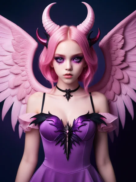 <lora:08SurealismArt_Hap_XL:1>, frida kahlo style, 1girl, girl demon, pink hair, purple eyes, wings, claws, pink dress, beautiful_face,