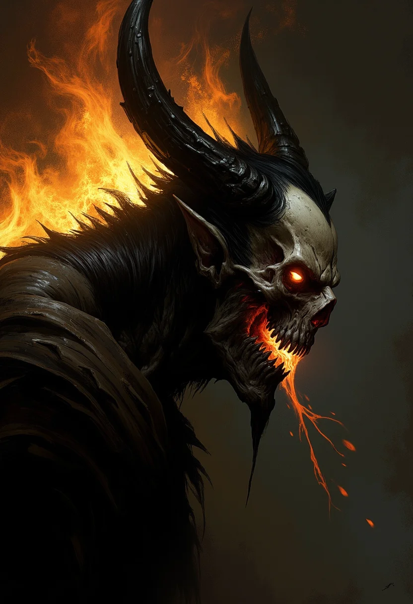 Closeup profil view of an atmospheric and powerful dark fantasy, natural organic and impressionist classical-style painting of a scary looking creature with horns on it's head. It has a skull with sharp teeth and fangs coming out of it's mouth. There is fire surrounding the head of the creature. The fire is bright orange and yellow. The creature has a large head that is covered in black hair. The head of it is covered with a black and white mask.