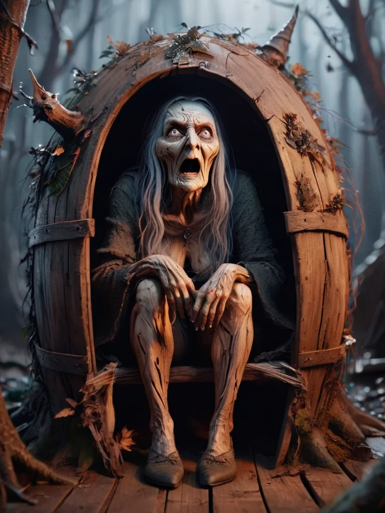 full body shot, a witch (sitting inside a wooden toilette thunderbox:1.2) having a bad time looking shocked and scared in a dark mythical forest <lora:ral-wtchz:0.8> ral-wtchz