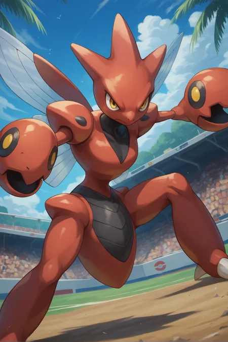 score_9, score_8_up, score_7_up, source_anime, rating_safe. pokemon (creature), scizor:2, red chitin:1.6, claws, bug wings, head spikes. naked:2, no humans:2, facing viewer:1.5, FIGHTING POSE,
(Eyes: (yellow eyes) ),
(Environment: (outdoors, shoreline) ),
(Composition: (side view:2, tight medium shot) ),
(Style: (8k, zPDXL3) ), <lora:Scizorpokemon:1>,