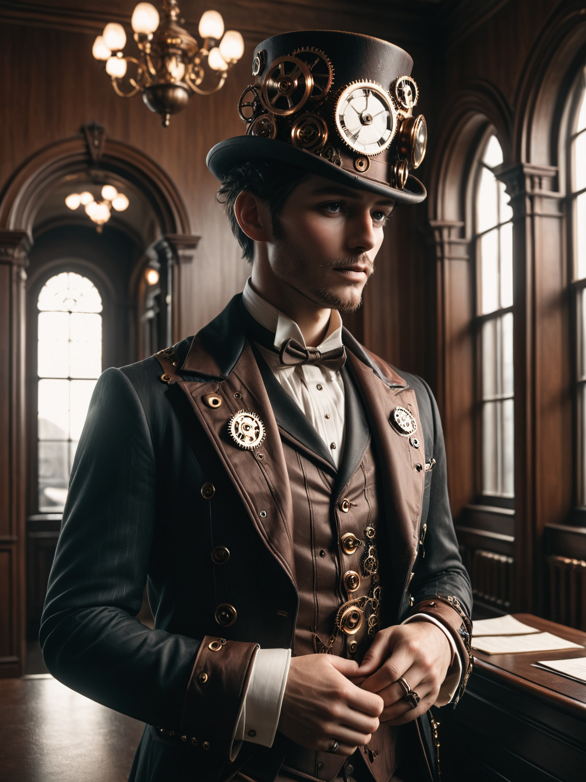man wearing a mad-stpk-ht and tuxedo, steampunk,  office, Victorian architecture,  <lora:Gearbound_Steampunk_Chic_2_SDXL:0.9>, raw photo, film grain, Fujifilm XT3, (photorealistic, realistic:1.2), deep shadow,  8k, uhd, dslr, ultra high res