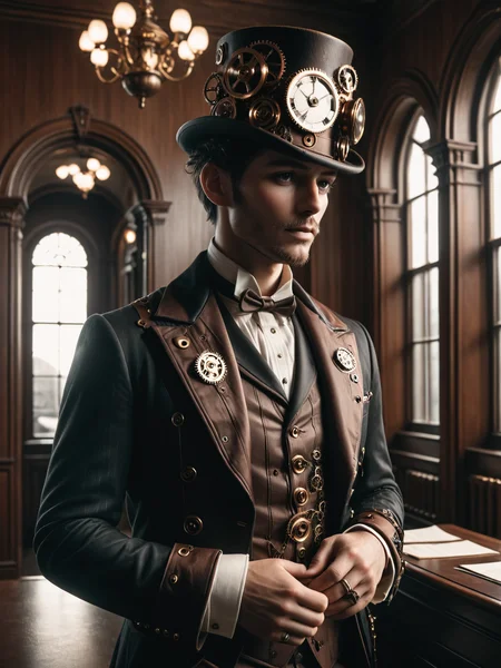 man wearing a mad-stpk-ht and tuxedo, steampunk, office, Victorian architecture, <lora:Gearbound_Steampunk_Chic_2_SDXL:0.9>, raw photo, film grain, Fujifilm XT3, (photorealistic, realistic:1.2), deep shadow, 8k, uhd, dslr, ultra high res