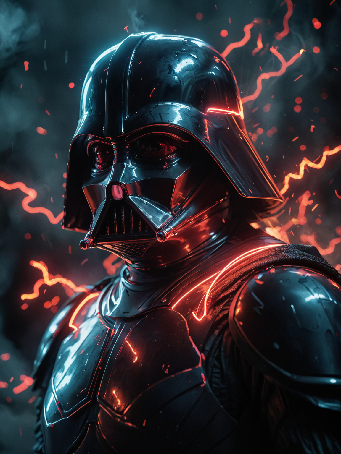 glowneon, glowing storm trooperdarth vader  emitting sparks and electricity, dark red, glowing eyes, cinematic film still <lora:glowneon_xl_v1:1> <lora:add-detail-xl:0.8>