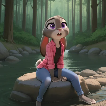 masterpiece, best quality, amazing quality, hoppsJudyztIL, anthro, female, bunny, grey fur, purple eyes, rabbit ears, rabbit tail, rabbit girl, buck teeth, pink flannel shirt, blue jeans lush valley, sitting on a rock on a riverbank, barefoot, open mouth, forest, open shirt, ears down