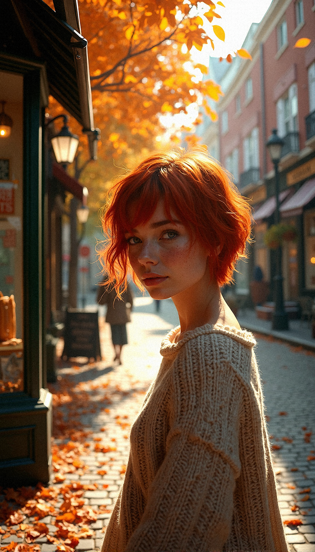 Create a photorealistic composition featuring a glamorous young beauty with vibrant red hair in a small-town street scene during autumn. She is near a shop window, wearing A cozy sweater with chunky cable knit patterns, perfect for a warm, autumnal vibe. Her short, tousled bob frames her freckled face, capturing the soft light from nearby streetlamps. The cobblestone pathway is sprinkled with fallen leaves in shades of orange and yellow, and the street is lined with charming brick buildings. Trees with autumn foliage add color to the scene, while a gentle mist envelops the background, adding depth and tranquility. The woman’s expression is thoughtful, as she gazes away from the camera, lost in contemplation. The overall atmosphere is warm and nostalgic, with soft shadows enhancing the realism and capturing the essence of a peaceful autumn day in a quaint town.Subtle mist enveloping the street for a dreamy effect.Detailed textures on the brick pathway.Realistic light reflections in the shop windows.Natural texture on her hair strands.

Walking slowly along the street, her gaze fixed on the ground, while vibrant autumn leaves swirl around her.


