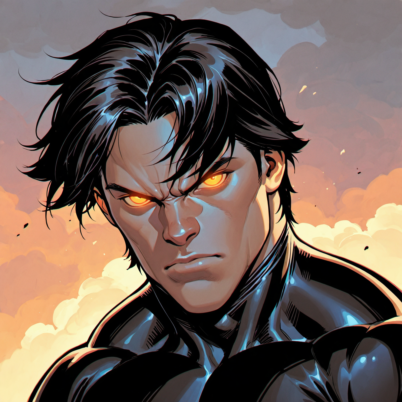 <lora:VULCAN:1>
vulcan, solo, looking at viewer, short hair, black hair, 1boy, closed mouth, upper body, yellow eyes, male focus, outdoors, sky, cloud, orange eyes, muscular, bodysuit, frown, glowing, muscular male, cloudy sky, portrait, glowing eyes, angry, serious, realistic, black bodysuit, manly, curtained hair, two-tone bodysuit, cheekbones, superhero
, motion blur, film grain, abstract, natural lighting, tilted angle, fantasy, cinematic, dynamic view, very awa, masterpiece, best quality, absurdres, newest, perfect quality, detailed background, intricate details, (artist:fl \(l-fl\):0.7), (artist:tooboshoo:0.7), (artist:dizdoodz:0.8)
