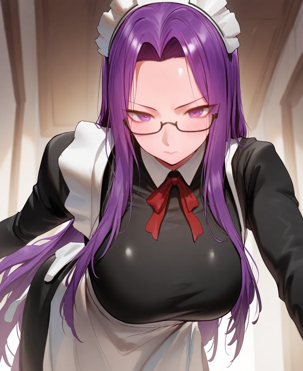 <lora:rororoC:1> rororo,
(masterpiece), (best quality), (ultra-detailed), amazing quality, very aesthetic, illustration, perfect composition, intricate details, absurdres, incredibly absurdres, shiny skin, realistic,
rororo, 1girl, breasts, long hair, solo, purple hair, glasses, maid headdress, purple eyes, large breasts, looking at viewer, long sleeves, apron, maid, forehead, black dress, very long hair, dress, white apron, sidelocks, ribbon, parted bangs, red ribbon, closed mouth, blush, maid apron, enmaided, neck ribbon, official alternate costume, framed eyewear, leaning forward, alternate costume, sensitive