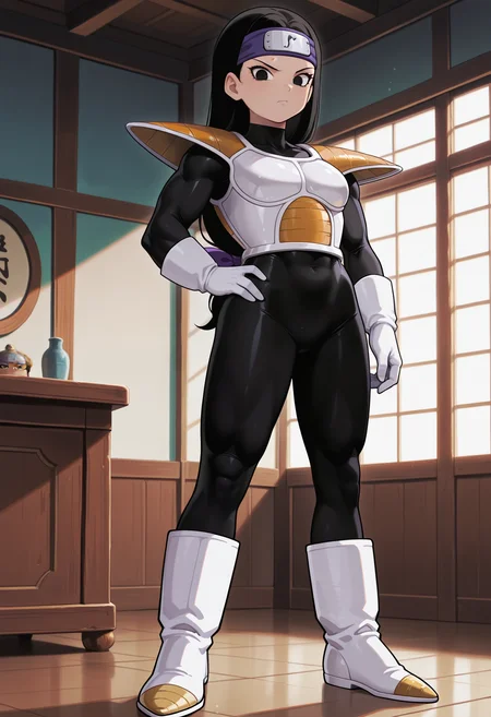 Tsch, 1girl, black hair, low-tied long hair, black eyes, purple bow, forehead protector, white saiyan armor, shoulder pad, black bodysuit, white gloves, white boots, muscular, hand on hip, looking at viewer, indoors, best quality, very aesthetic, masterpiece,