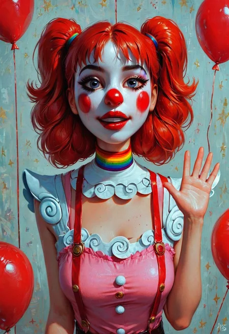 score_9, score_8_up, score_7_up, 1girl, perfecteyes, short, young, busty, petite, (Clown girl:1.3), Pixar, Pigtails, white face paint, red nose, red lipstick, pigtails, tight shirt, suspenders, from the front, under the big top, at the circus, cheerful facial expression, waving, balloons in background