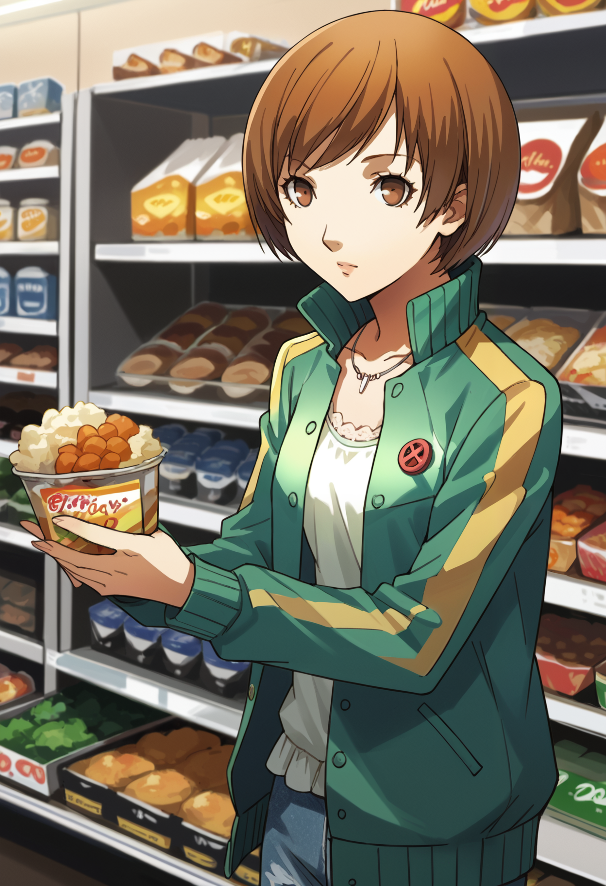 score_9, score_8_up, source_anime
1 girl, solo, cute face,
p4chie, satonaka chie, short hair, brown hair,
p4chie-wincas, jewelry, pendant, jacket, open jacket, green jacket, white shirt, track jacket, jacket, button badge, miniskirt, denim skirt, boots, 
indoors, grocery store, shopping,
masterpiece, best quality, ultra detailed,