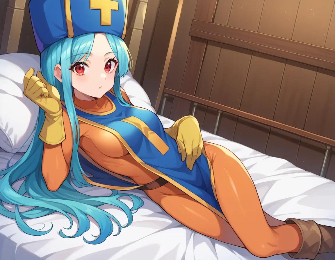 score_9, score_8_up, score_7_up, source_anime,
dqpriest, <lora:dq-priest-ponyxl-lora-nochekaiser:1>,
priest, aqua hair, blue hair, long hair, red eyes,
bodysuit, boots, cross, gloves, hat, mitre, orange bodysuit, tabard,
indoors, bed, bed room, on side,
looking at viewer, dutch angle, cowboy shot,