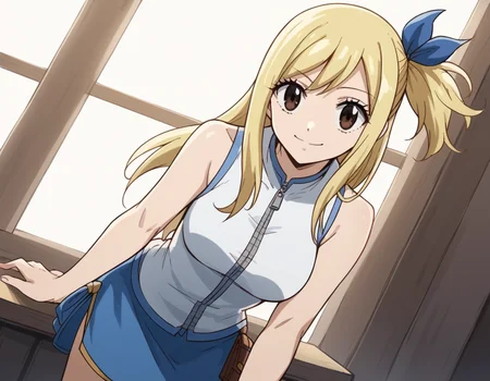 score_9, score_8_up, score_7_up, source_anime,
lucyheartfilia, <lora:lucy-heartfilia-s7-ponyxl-lora-nochekaiser:1>,
lucy heartfilia, blonde hair, brown eyes, long hair,
one side up, ribbon, hair ribbon, blue ribbon, skirt, shirt, bare shoulders, boots, sleeveless, blue skirt, sleeveless shirt, white shirt, zipper,
indoors, bent over, smile,
looking at viewer, cowboy shot, solo, dutch angle,