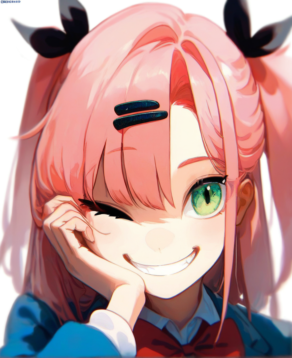 score_9, score_8_up. score_7_up,  <lora:noelle_roa:1> noelle_roa, 
 score_9, noelle_roa, 1girl, one eye closed, smile, green eyes, hair ornament, looking at viewer, pink hair, red bow, hairclip, white background, hair ribbon, white shirt, simple background, red bowtie, grin, long sleeves, long hair, upper body, jacket, black ribbon, hand on own face, hand on own cheek, two side up, school uniform, twitter username