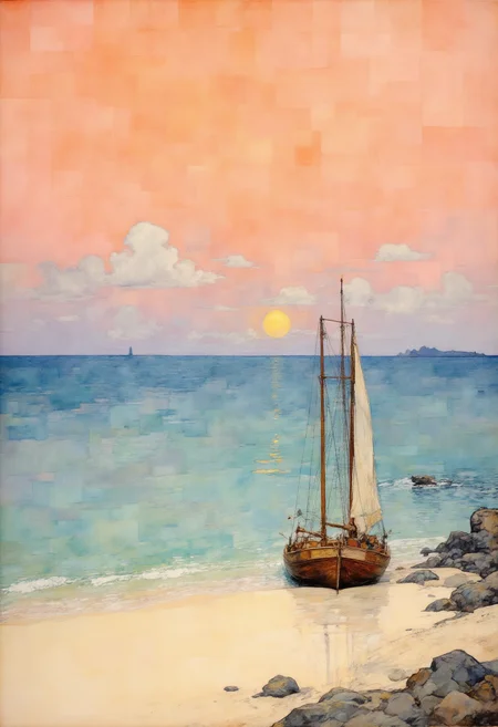 This is a detailed, impressionistic digital painting depicting serene coastal scene at sunset. The background features a gradient sky transitioning from a deep orange near the horizon to a soft pink and blue higher up, with a few scattered clouds. The sun, a bright yellow orb, is partially visible, casting a golden path across the calm, turquoise sea. The sea stretches out to the horizon, reflecting the colors of the sky.
In the foreground, a small wooden boat with two tall masts and white sails is beached on a sandy shore. The boat is slightly tilted to the right, resting on a rocky outcrop. The boat's hull is a rich, dark brown with subtle highlights, and the masts are a lighter brown.
The sandy shore is smooth and light beige, with a few scattered rocks and pebbles. The texture of the water and the sand is meticulously rendered with soft, fluid brushstrokes, capturing the gentle ripples and the smoothness of the beach. The overall mood of the painting is peaceful and tranquil, evoking a sense of calm and solitude.