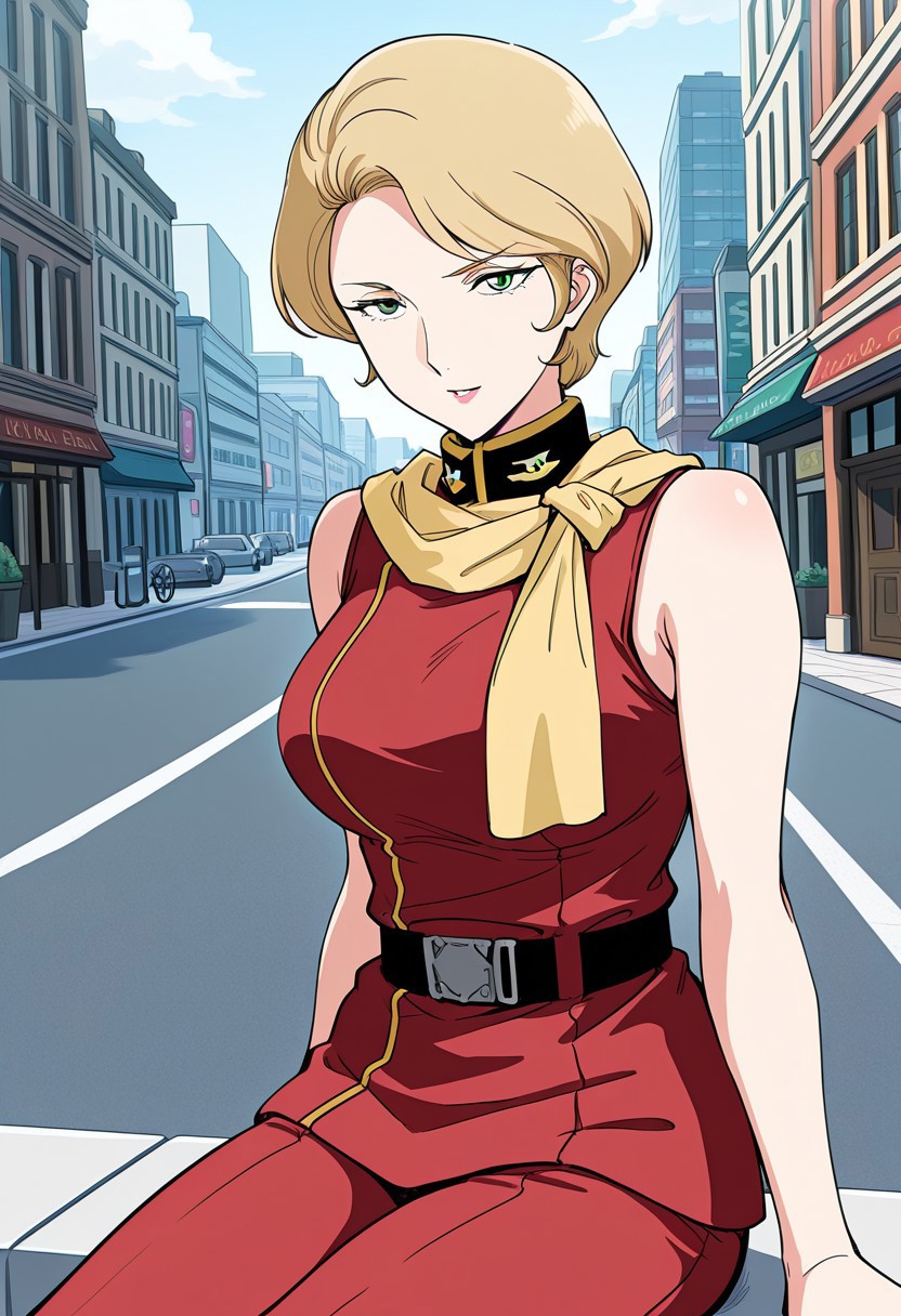 CG quality, masterpiece, best quality,amazing quality,city ,street,Rira, green eyes,1 mature female, blonde hair, short hair, red military sleeveless uniform, yellow scarf,belt,red pants,sitting,solo