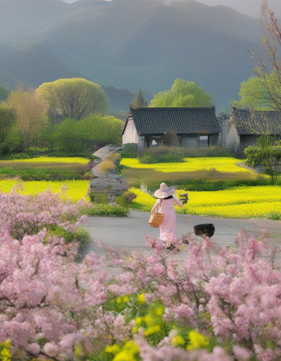 XLCNYoucaiHK,A vibrant photograph captures a serene rural scene. A woman in a pink dress and wide-brimmed hat walks along a narrow path through a lush field of bright yellow canola flowers. Cherry blossoms in full bloom frame the left side,while traditional Japanese houses and green hills with mountains in the background complete the picturesque landscape.,
<lora:20250330-1743320668957:0.8>,