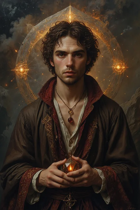 male  ageless solid,african,ruby red eyes,aquiline nose,strong jaw,asymmetrical cheeks,diamond face shape,dark chestnut short crop hair,amusement,runelore mastery,hands on ancient runes,accessing their powers,wearing  enchanted trousers,sorcerer's cape,transfigure dotted lines,parallel liness,hyper-information nexus,icosahedron,meteor shower,light brown charm,whirling,unleash,self-adjusting nanofluidic climate control,limestone convection,whipping magic,concentrated stance,eyes closed,mentally focusing on the spell,halo,art by Fritz Gross,trailblazing marvelous opus with unsurpassed details,
(caput mortuum and navy blue colors:0.1),(center composition, symmetry composition:0.1),
<lora:MJ52:0.3>,<lora:detailed_notrigger:0.5>,<lora:SDXLFaeTastic2400:0.2>,<lora:The_Classic:0.5>,