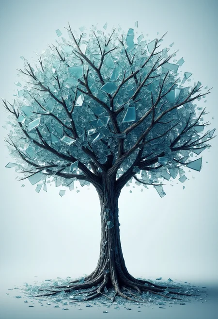 <lora:Glass_Fracture_Former_FLUX-000017:0.9>
This is a digital artwork featuring a stylized, surreal image of a tree made entirely of shattered glass.