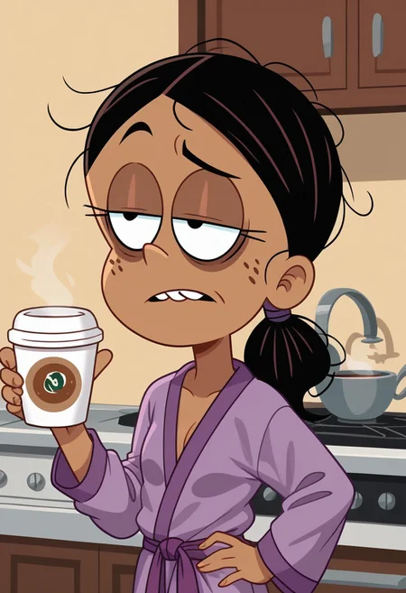 score_9, score_8_up, score_7_up, score_6_up, 1girl,solo,best quality,4k,
dark tan skin, black hair, hair down, messy hair, freckles on her cheeks, two buck teeth,show accurate, perfect anatomy, four fingers,
indoors, kitchen background, show accurate, perfect anatomy, perfect hands, wear only purple bathrobe, loose clothes, one hand holding cup of coffee, one hand on hip, perfect hands, bags under eyes, sleepy eyes, loose clothes, eyes half close, small breast,