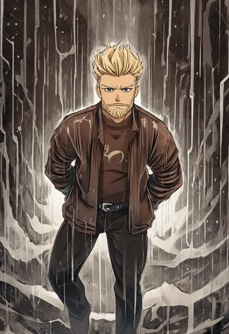 detailxl, high quality, artistic-strokes-style,
(dark artistic blank background:1.3)
(half body shot, looking at viewer, angry, dark:1.4),
(digital-painting, eye contact, looking at viewer, source_anime, traditional art, lineart, DC, man, (blonde hair), short beard, hard eyes, hard face, muscle man, attractive face, rating_safe, zPDXL, sci-fi, space, full body, scars over forhead, future clothing, thick sifi armor, brown sifi cloak cowboy, outlaw, brown cowboy hat, cybernetic eyebach, black pants, rain:1.8),