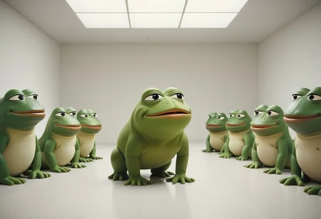 cinematic, sense of scale, 1 large stoned pepe_frog+chonkasaurus,, (10chonkasaurus+pepe_frog crowd), white room, <lora:chonkasaurus-000003:1>