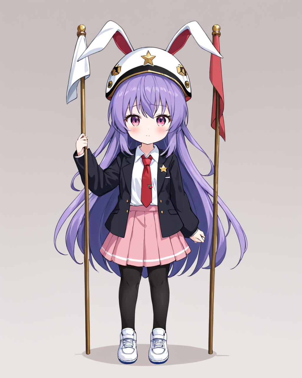 reisen udongein inaba, 1girl, solo, pink_skirt, red_necktie, holding, white_shirt, full_body, long_sleeves, collared_shirt, closed_mouth, flag, standing, black_pantyhose, looking_at_viewer, helmet, blush, black_jacket, sneakers, open_clothes, white_footwear, simple_background, white_background
<lora:reisen_udongein_inaba_image7606_2023-12-20-000006:1>,star-shaped_pupils,symbol-shaped_pupils,. gorgeous,key visual, vibrant, studio anime,award-winning, professional, highly detailed,high budget, cinemascope
