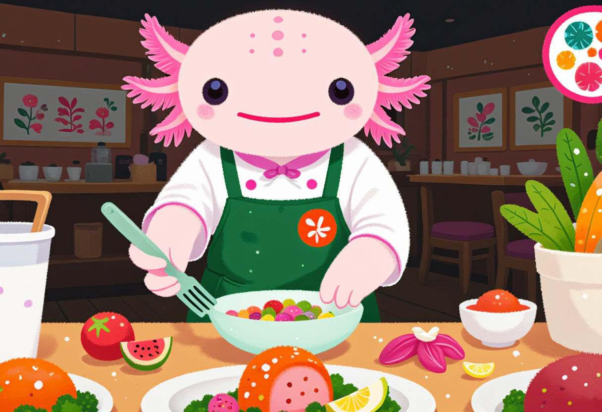 pikaole of, axolotl chef, in a vegan restaurant, preparing plant-based dishes, wearing a green apron, vibrant and healthy ingredients, the axolotls have pink frilly gills and round black eyes