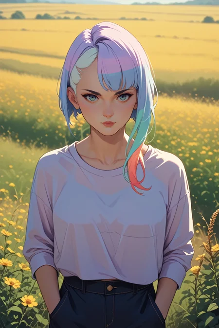score_9, score_8_up, score_7_up, score_6_up
<lora:ERLucy:0.8>
ERLucy, 1girl, multicolored hair, asymmetrical hair, looking at viewer, standing in a field of lavender, hands in pockets, slight breeze blowing hair, warm golden hour sunlight, serene and peaceful mood