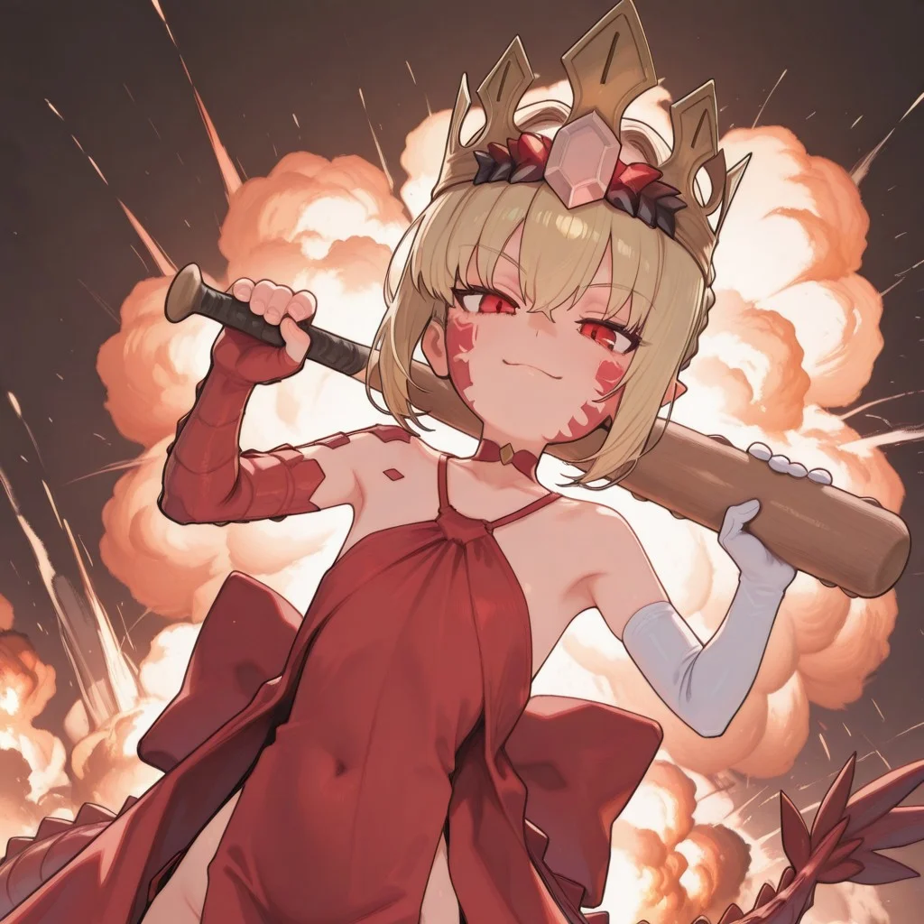 anime, masterpiece, best quality, 8k, looking at viewer,facing viewer, Nero Queen Draco, pointy ears, blonde hair, french braid, single hair bun, red eyes, facial mark, body markings, dragon tail, asymmetrical armwear, white gloves, red fingerless gloves, scales, choker, red dress, crown, standing looking sweet, coy, holding a wooden baseball bat over her shoulder, smiling sweetly, dark background, server room, servers with blue lights, fighting stance, making fists, looking at viewer, outdoors, night, cowboy shot, collarbone, serious face, dutch angle, explosion,
<lora:Nero_Draco_Illus:1>, 1girl, masterpiece, best quality,highres, score_9, score_8_up, score_7_up, score_6_up, source anime, absurdres, masterpiece, best quality, very aesthetic, WorldSaboten
