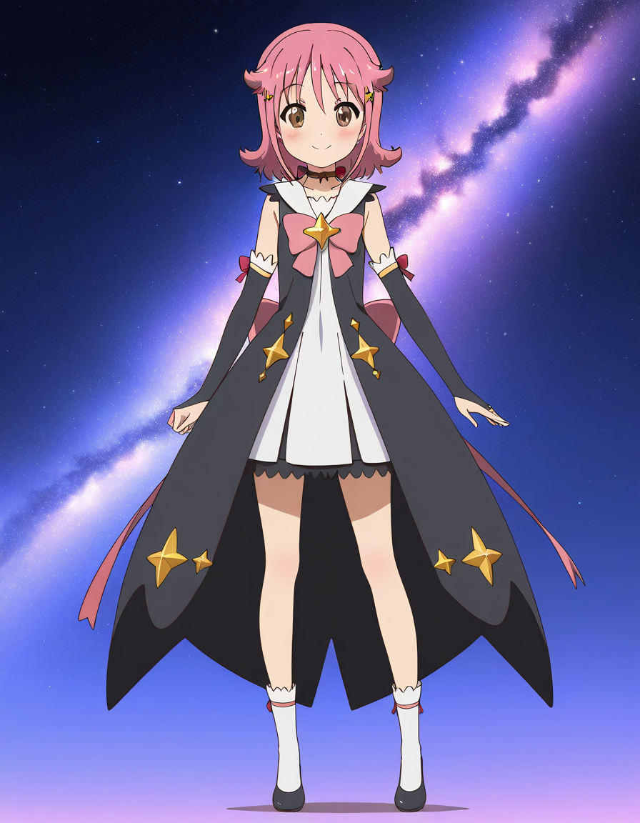 general,highres, ultra-detailed,very aesthetic,best quality ,best hands,  BREAK <lora:Subaru_Houkago_no_Pleiades_IS:1>subaru(Pleiades), 1girl, solo, pink hair, short hair, brown eyes, star hair ornament, anime coloring,
solo, full body, smile, looking at viewer, bow, blush, red ribbon, 
flipped hair,  standing, bridal gauntlets, choker, gloves,  simple background, black dress,
galaxy,