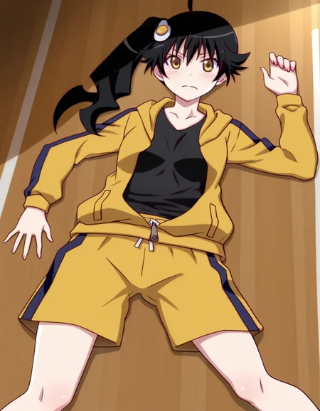 best quality, masterpiece, absurdres, detailed background, centered, centered, view, 1girl, gym class, school gym
<lora:flatteningv3:1>, flattened, flattened_girl, paper_thin, on gound, on back,
araragi karen, long hair, side ponytail, hair ornament, food-themed hair ornament, egg hair ornament, hooded track jacket, track jacket, yellow jacket, hood, black shirt, <lora:Araragi_Karen_Illustrious:0.8>, yellow eyes,