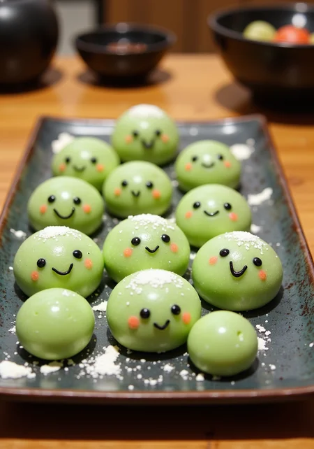 a plate of happy green mochi balls with cute simple faces, they are giggling and smiling, some are blushing, they have powdered white sugar sprinkled on them, they are on a square porcelain plate on a wooden table in a japanese restaurant<lora:cheats.safetensors:1:1>