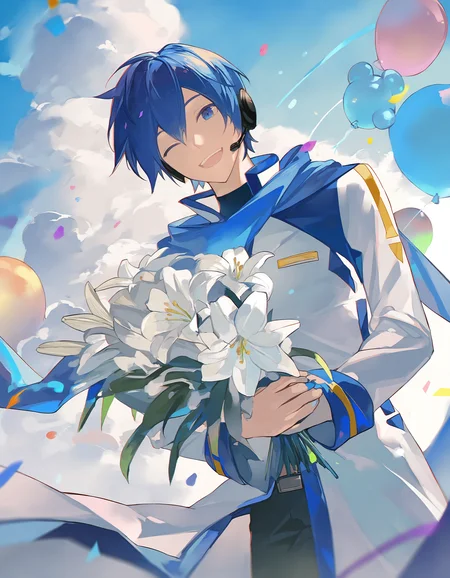 very awa, 1boy, kaito \(vocaloid\), vocaloid, balloon, blue sky, solo, light smile, bouquet, holding bouquet, lily \(flower\), confetti, cowboy shot, wind, blue scarf, blue hair, cloud, aqua balloon, dutch angle, :d, laughing, blue balloon, blurry, pastel theme, (close-up:1.2), one eye closed, [masterpiece:0.15], [best quality:0.15], [newest:0.15], [absurdres:0.15] <lora:stylelora-000010:1>
