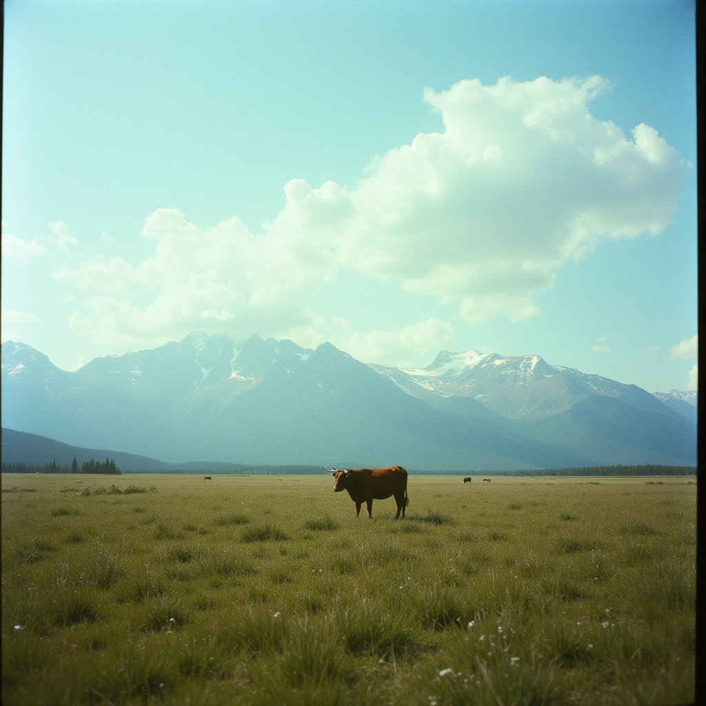 cinematic film still  <lora:Kodak Motion Picture Film style v1:1>
Film grain still image of a view of a mountain range with a cow grazing,outdoors,sky,day,cloud,blue sky,no humans,grass,nature,scenery,mountain,field,landscape,mountainous horizon , cinematic look, film look, filmic, contrast, detailed, high quality, sharp image, film color, Kodak Motion Picture Film style, different color, different people, different look, different style, 35MM Film, 16MM Film, Photographic film, music video style, artistic style, cinematic style, film granularity, film noise, image noise, artistic effect, Fujicolor, Fuji film, Analog photography, movie style, movie still, Film grain overlay, Film Grain style . shallow depth of field, vignette, highly detailed, high budget, bokeh, cinemascope, moody, epic, gorgeous, film grain, grainy
