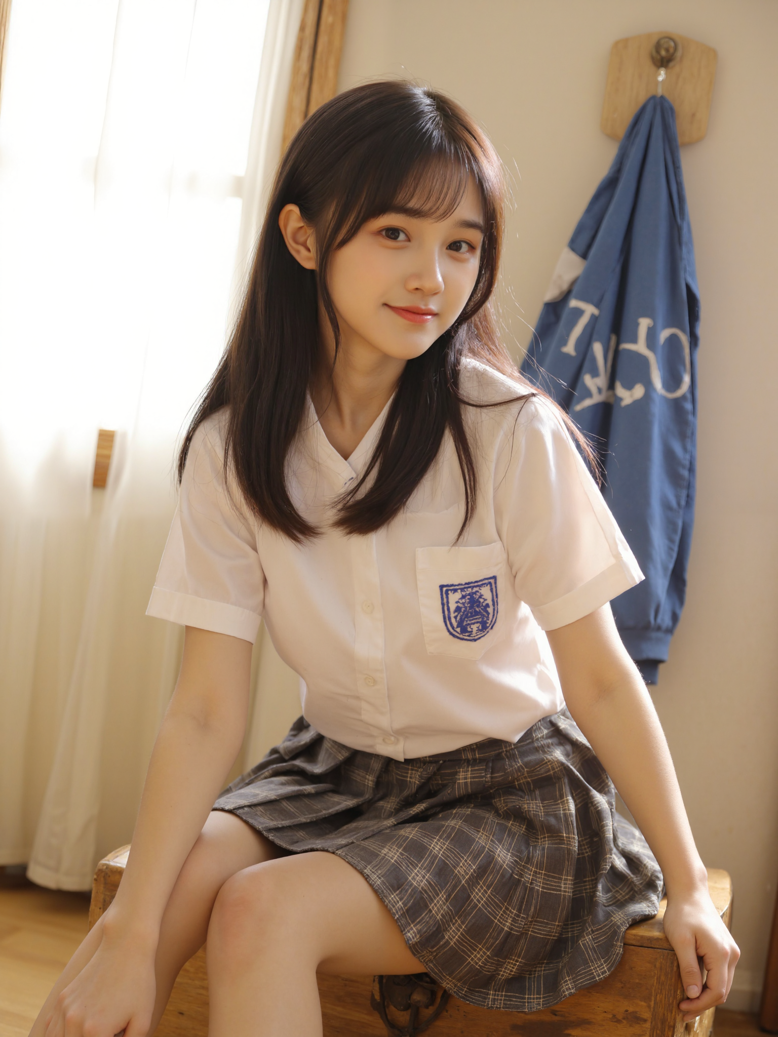 This is a high-resolution photograph of a young Asian woman, likely in her late teens or early twenties, seated in a cozy, warmly lit room. She has long, straight black hair with bangs, and her skin is fair. She is dressed in a traditional Japanese schoolgirl outfit, consisting of a white short-sleeved blouse with a blue crest on the chest pocket, and a pleated gray plaid skirt. Her blouse is slightly wrinkled, adding a casual touch to her appearance. She has a gentle smile, exuding a sense of comfort and ease.

The background features a large window with sheer white curtains, allowing soft natural light to filter in and illuminate the scene. To her right, a blue hoodie hangs on a hook, adding a pop of color. The room's wooden floor and furniture, including a wooden chest she's leaning on, contribute to the homely atmosphere. The camera angle is slightly below eye level, creating a sense of intimacy and closeness. The composition follows the rule of thirds, with the woman positioned off-center, drawing the viewer's attention to her face and upper body.