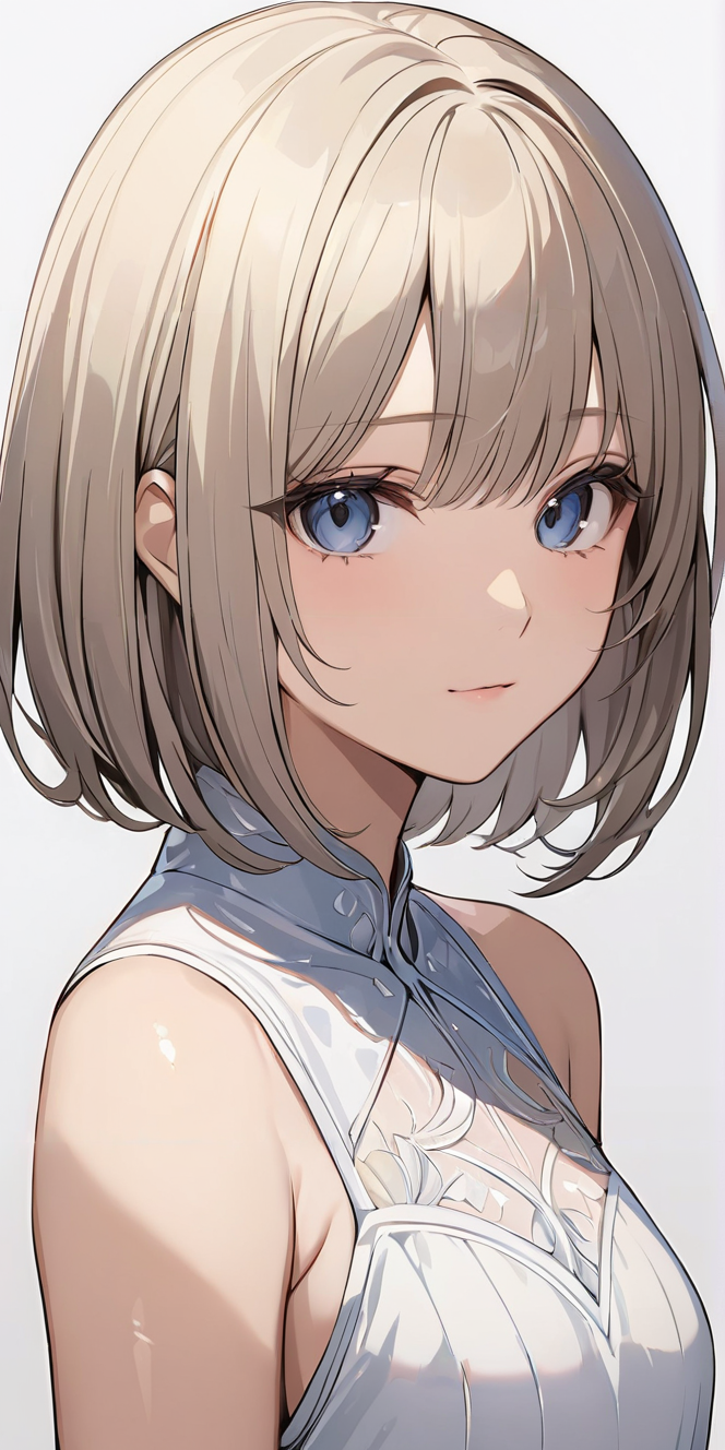 masterpiece,ultra-detailed,best quality,8K,illustration,cute face,clean skin ,shiny hair,girl,ultra-detailed-eyes,simple background, <lora:add-detail-xl:1> <lora:medium bob hair_XL_V1.0:0.8> medium bob hair
