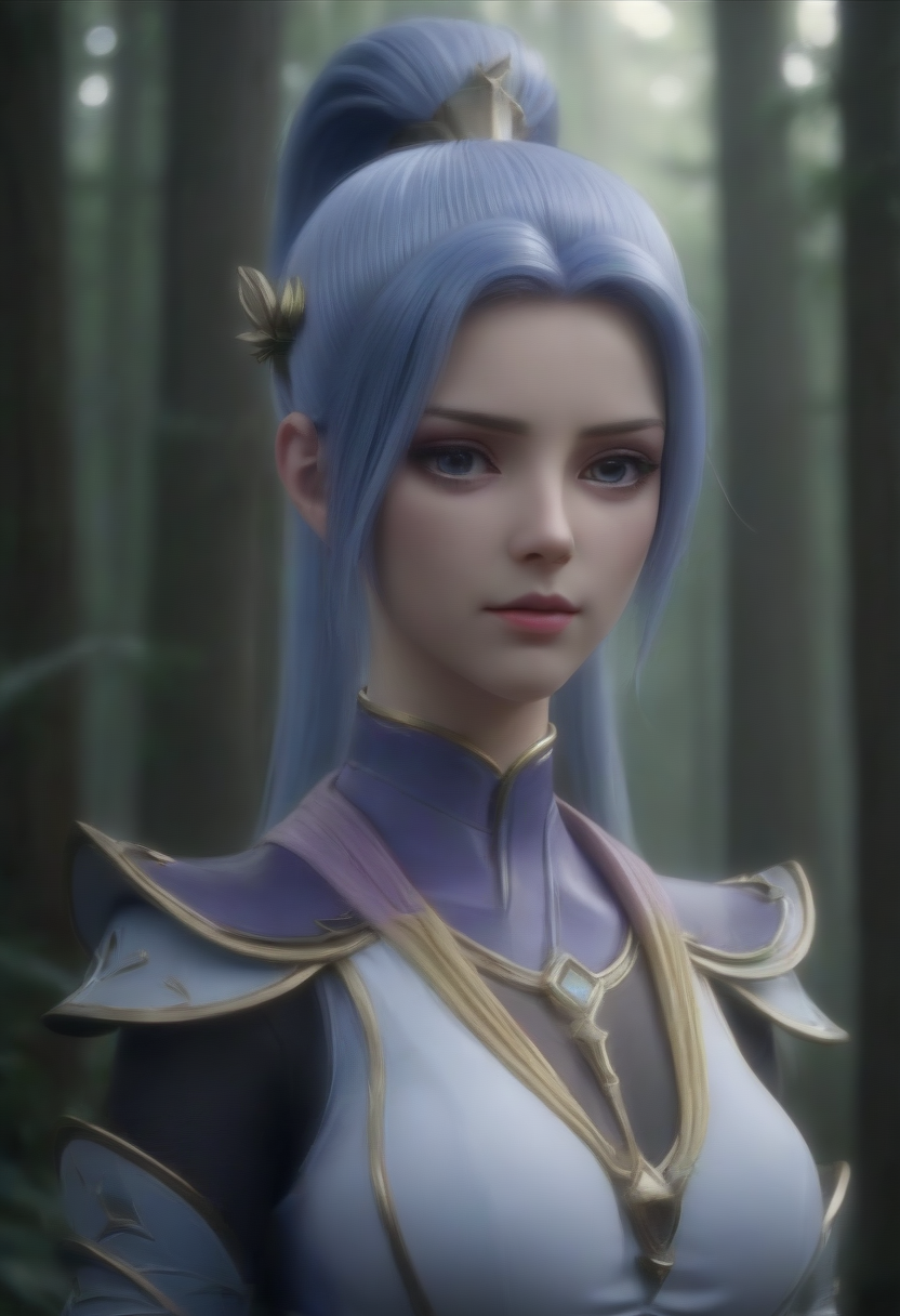 1girl, solo, ponytail, long hair, white background, armor, hair ornament, blue eyes, upper body, simple background, looking at viewer, breasts, blue hair, shoulder armor, lips, closed mouth, high ponytail,Medium shot, Adorable creature with big reflective eyes, moody lighting, best quality, full body portrait, real picture, intricate details, depth of field, in a forest, outdoors, bright day, beautiful lighting, raw photo, 8k uhd, film grain, unreal engine 5, ray tracing <lora:HanYue_SDXL (1):0.6>