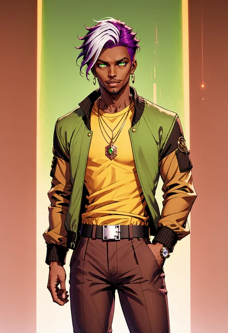 <lora:AnimatedNightmaresStyle:0.8> Animated Nightmare Style, 1boy, belt, black belt, black pants, brown jacket, brown shirt, dark skin, dark-skinned male, dog tags, earrings, facial hair, fire, glowing, glowing eyes, gradient, gradient background, green eyes, jacket, jewelry, long sleeves, looking at viewer, male focus, necklace, open clothes, open jacket, pants, parted lips, purple hair, ring, shirt, short hair, solo, upper body, yellow shirt