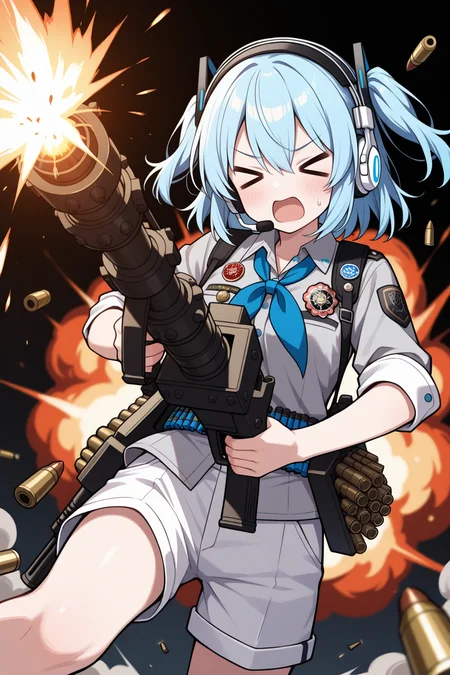 masterpiece, best quality, 1girl, solo, blue hair, hair between eyes, white headphones, blue eyes, two side up, closed eyes, > <, open mouth, grey shirt, collared shirt, sleeves rolled up, blue neckerchief, badge, microphone, white shorts, holding gun, minigun, m134 minigun, firing, bullet, muzzle flash, casing ejection, shell casing, explosion, ammunition belt, fire, smoke, motion blur, sweat, flying sweatdrops