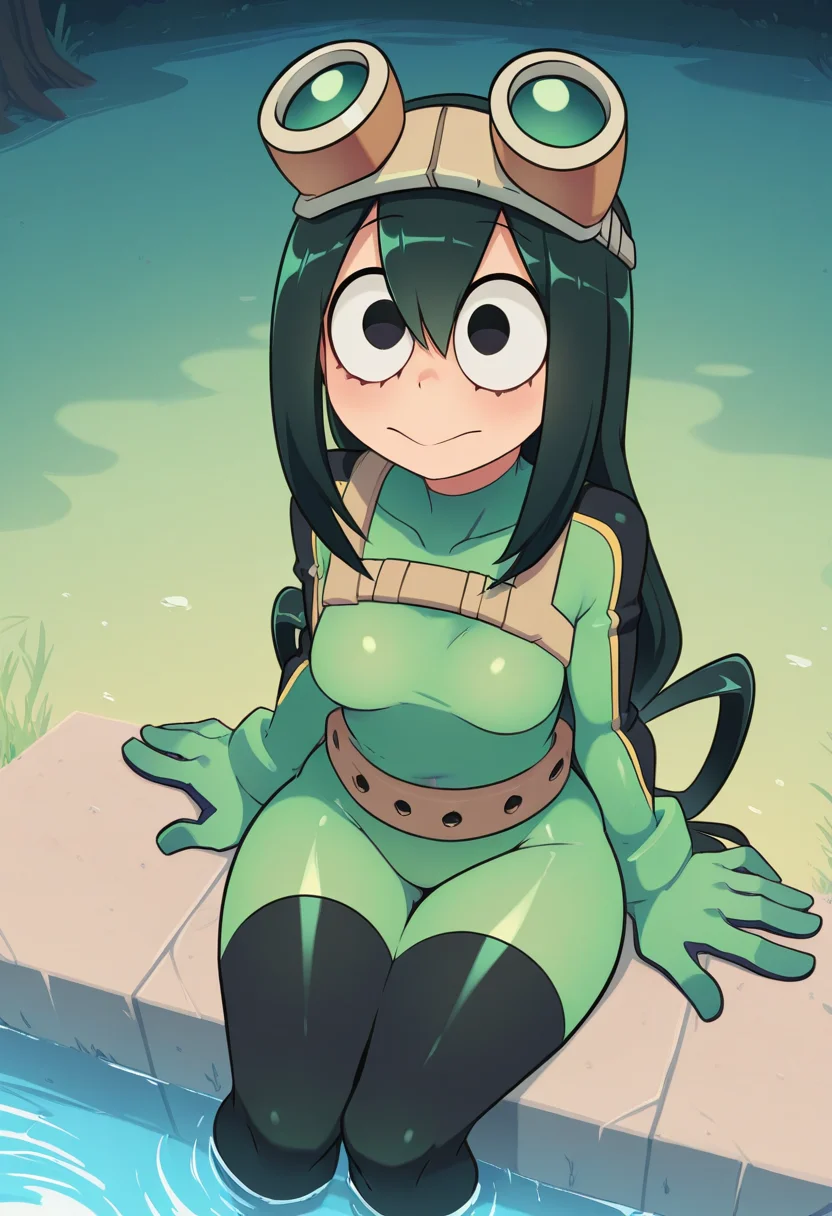 G4r0style, masterpiece, best quality solo, Tsuyu Asui, sitting in water, water pond, big eyes, black hair, GREEN BODYSUIT, GOGGLES, small breasts, wide eyes,