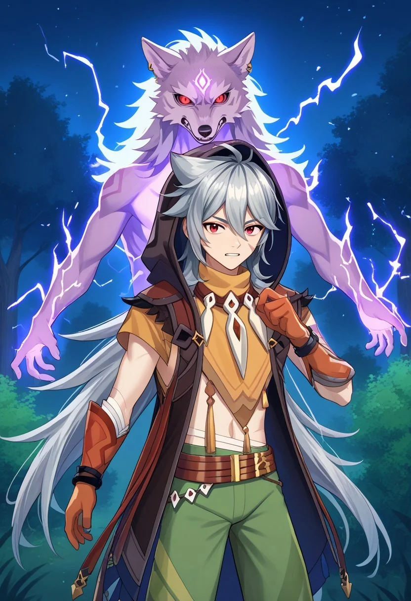 score_9, score_7_up, source_anime, 

boreas, 1boy, male focus, solo, red eyes, grey hair, long hair, very long hair, bangs, hair between eyes, jewelry, earrings, single earring, tooth necklace, scar, scar on face, jacket, sleeveless jacket, brown jacket, hood, hood up, tassel, orange shirt, short sleeves, midriff, bandages, gloves, orange gloves, belt, pants, green pants, wolf, wolf spirit, lupical, teeth,

outdoor, tree, wood, electricity, spell, electric spell, magic, dark, night, shadows,
