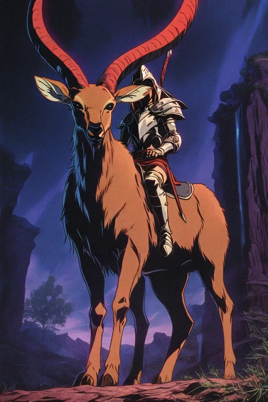 1boy, solo, alone, warrior, riding, deer, riding deer, <lora:dark_fantasy_anime_illustriousXL:1>, dark_fantasy_style, dark fantasy, retro, masterpiece, highres