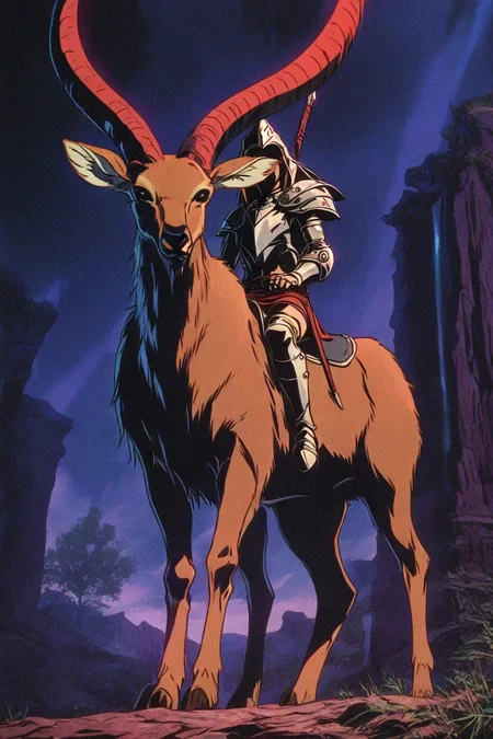 1boy, solo, alone, warrior, riding, deer, riding deer, <lora:dark_fantasy_anime_illustriousXL:1>, dark_fantasy_style, dark fantasy, retro, masterpiece, highres