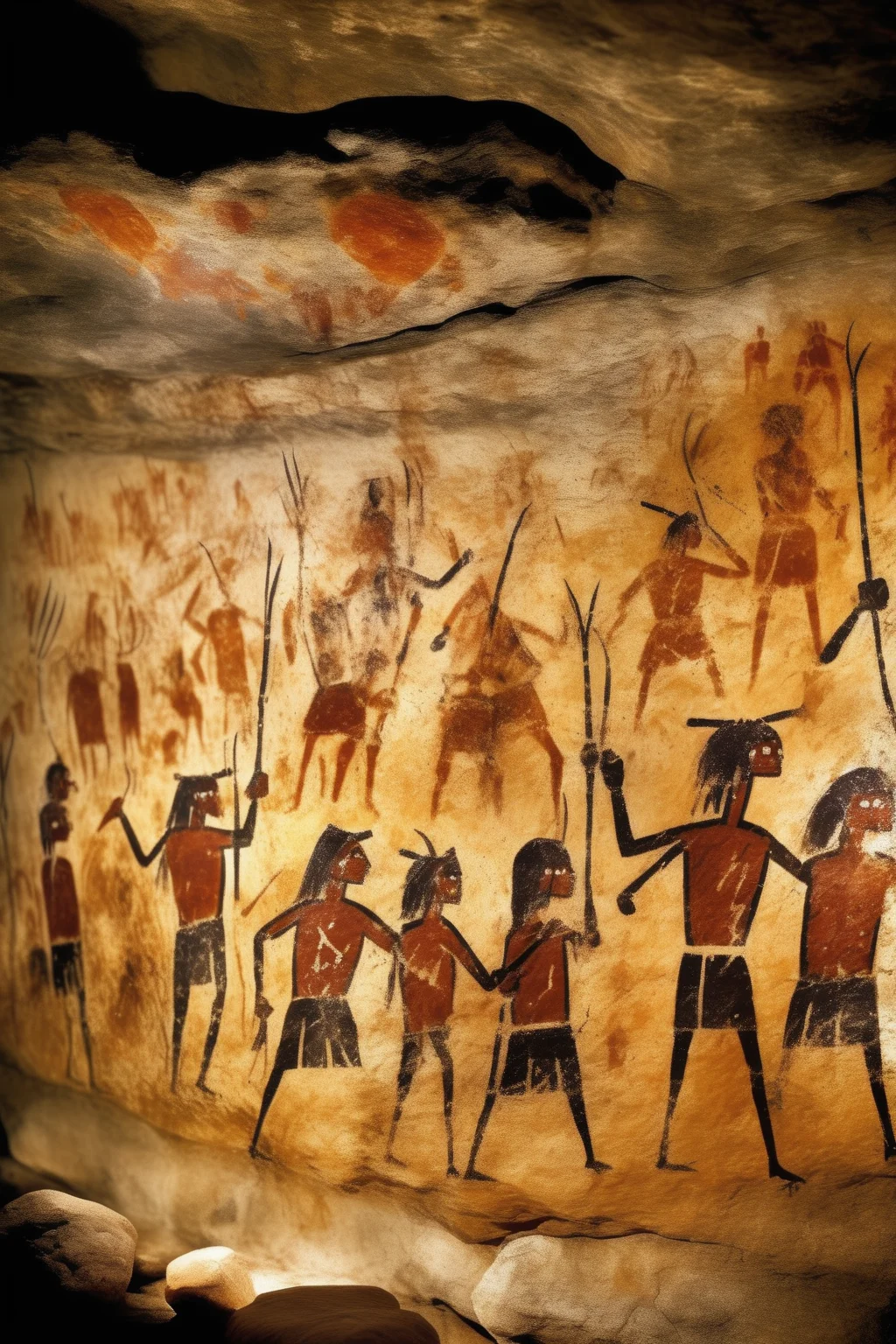 <lora:Lascaux:1>Lascaux - stone age scandinavia cave paintings of a battle. Tribespeople with torches are looking at the paintings.