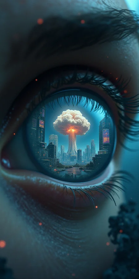 Create an image where the viewer is looking into a human eye. (man) In the eye's reflection, depict a futuristic and war-torn world. The landscape should be overrun with advanced AI technology, such as towering robots, autonomous drones, and dilapidated buildings covered in digital advertisements and holograms. The overall mood should be dark and dystopian, with a cold, metallic color palette and hints of destruction. The eye itself should appear a nuclear explosion but with a hint of artificial enhancement, like a glowing cybernetic iris